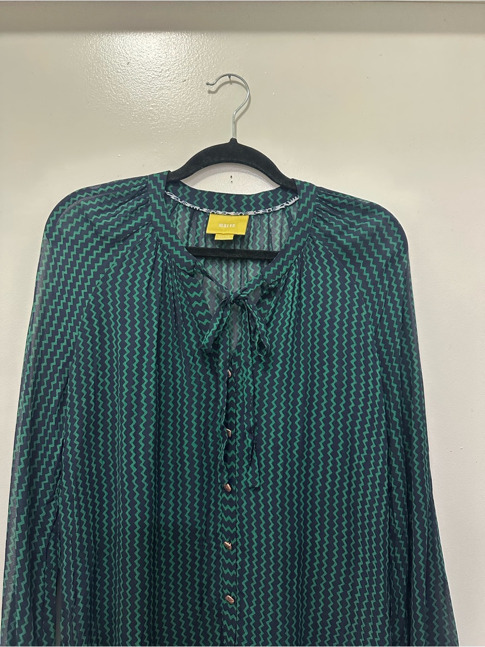 Maeve Della Chevron Sheer Green/Navy Longsleeve Tie Neckline Sz M - Picture 6 of 7